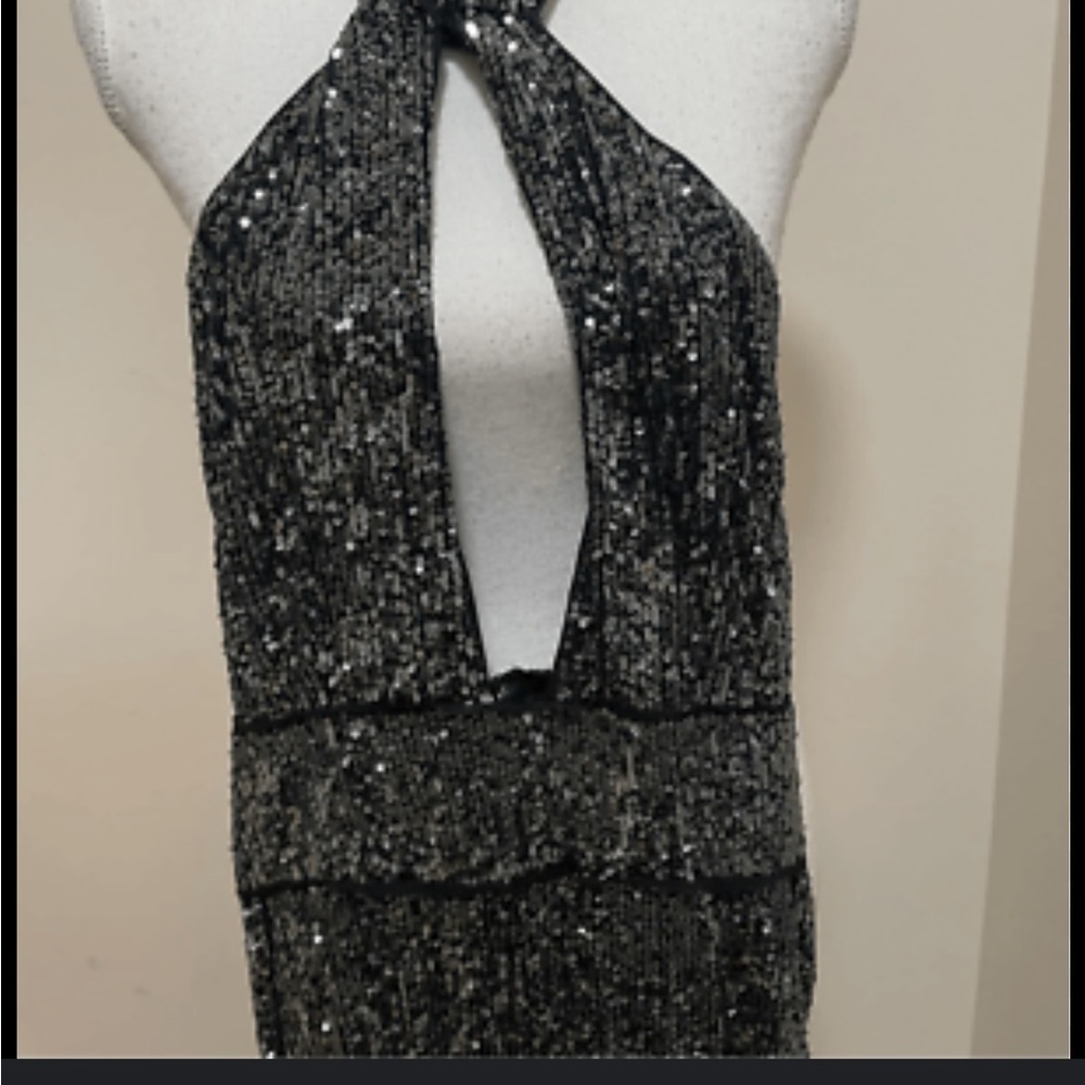 NWT Anthropologie Marve Black Silver Sequin Jumpsuit Halter Neck size 6 - Picture 10 of 13